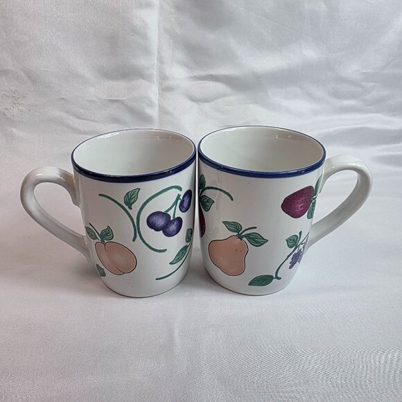 TWO Princess House Orchard Medley Coffee Mugs White with Multicolored Fruit - Picture 1 of 11